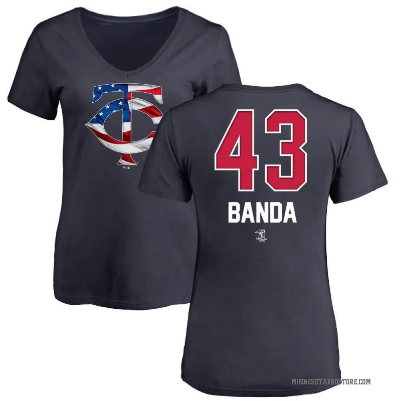 Anthony Banda Women's Navy Minnesota Twins Name and Number Banner Wave V-Neck T-Shirt -
