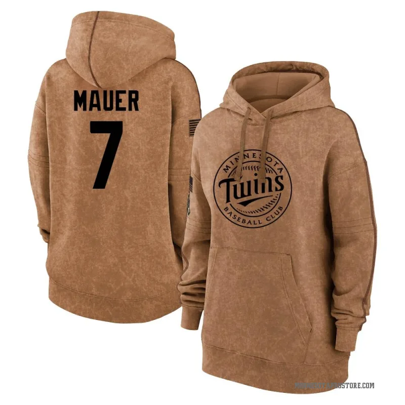 Joe Mauer Women's Brown Minnesota Twins 2023 Salute to Service Pullover Hoodie